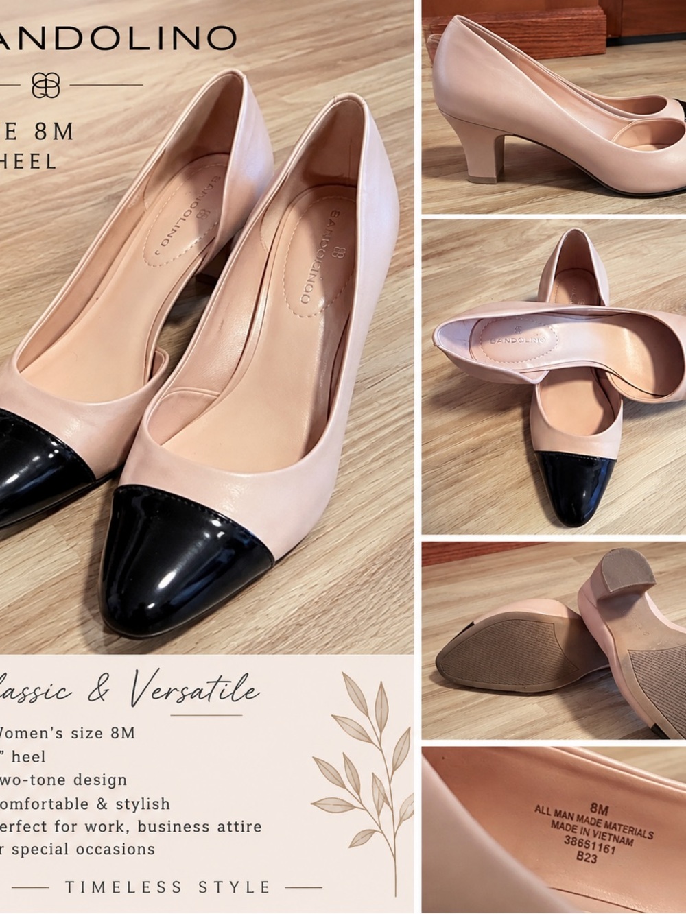 Bandolino Nude and Black Cap-Toe Low Heel Pumps